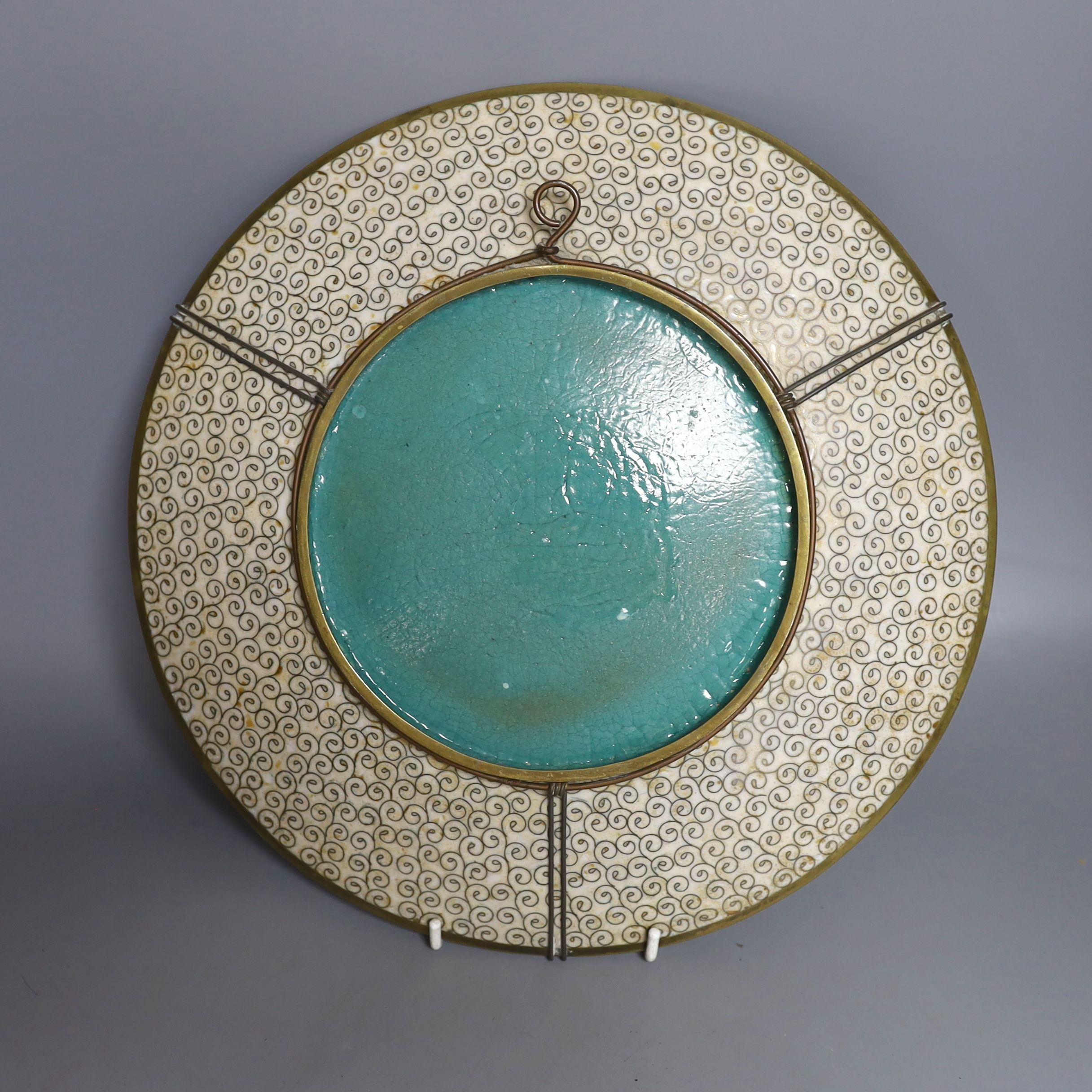 A Japanese cloisonné enamel dish, - 30cm diameter